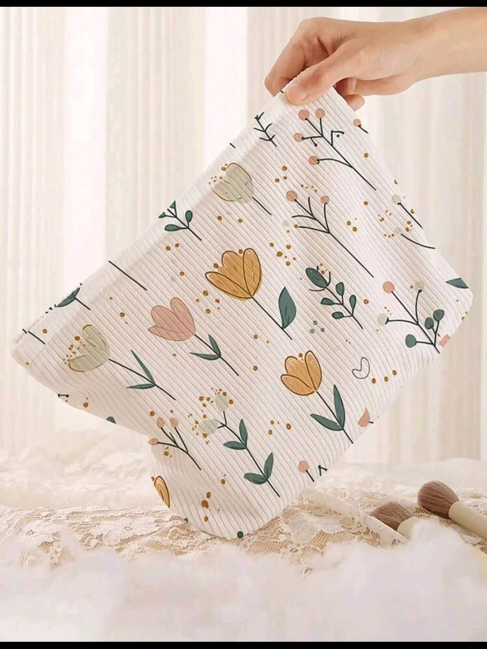Floral Print Cotton Pouch - White with Green & Yellow Accents